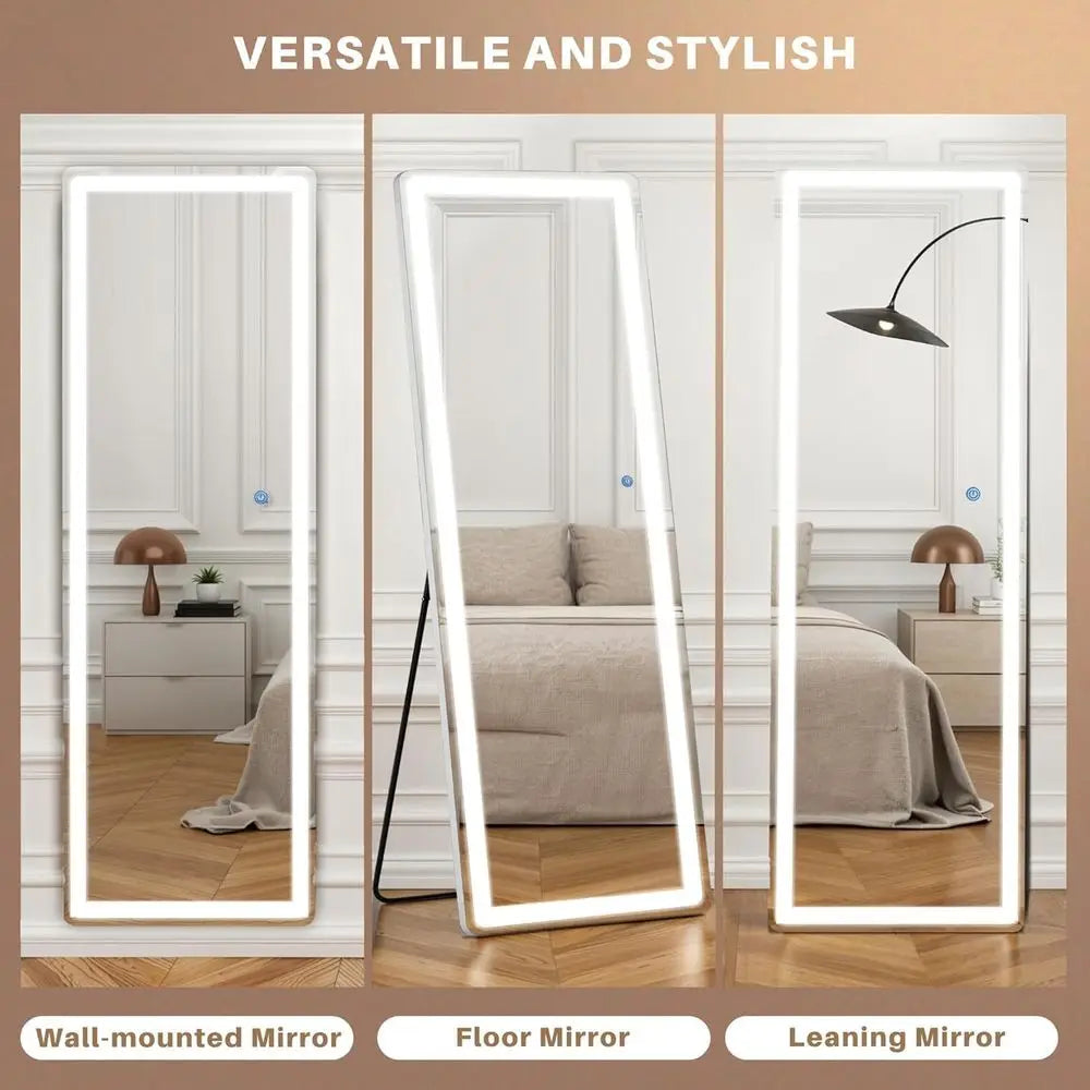 LED-Illuminated 16x60 Floor Standing Mirror with Adjustable Dimming and 3 Color Options for Home Decor