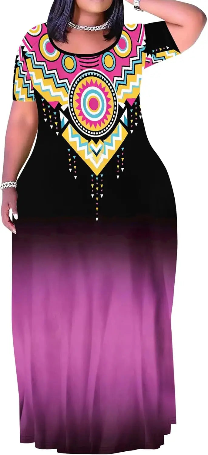 Plus Size Maxi Dress for Women Summer Casual Short Sleeve Tshirt Dresses with Pockets (XL-6XL)