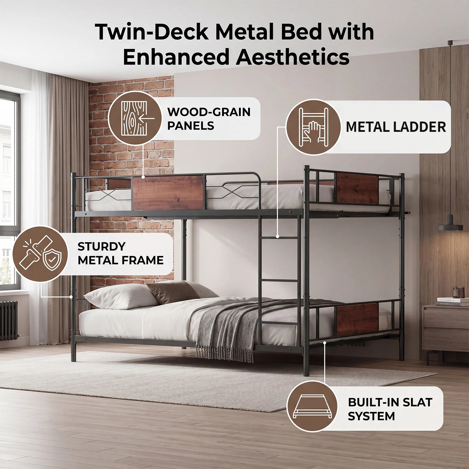 Full Over Full Bunk Bed Detachable Metal Bunk Bed Frame with Higher Guardrail Ladder Under Bed Storage for Dormitory Kids' Room