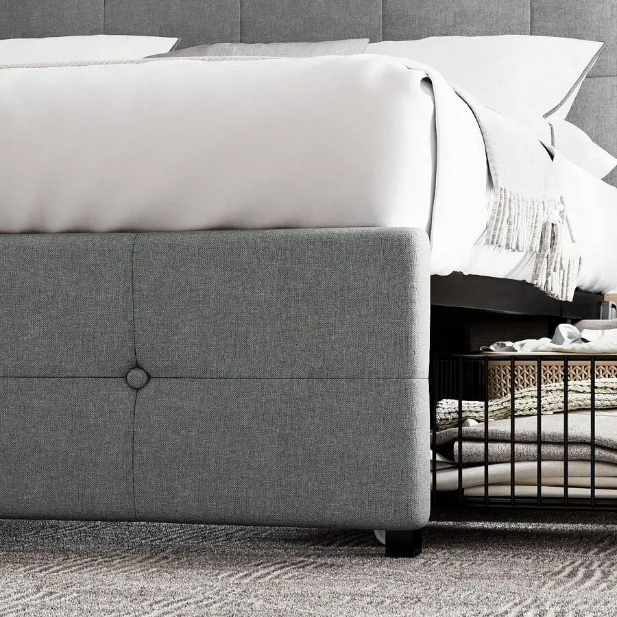 Full/Queen/King Platform Bed Frame With 4 Storage Drawers, Adjustable Headboard, Faux Leather Button Tufted Square Stitched Design, Wooden Slats, Noise-Free, No Box Spring Needed, Easy Assembly, Light Grey