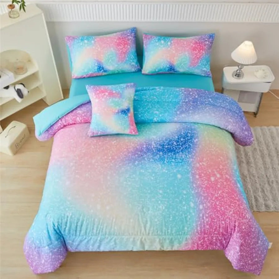 Girls Comforter Set Colorful Rainbow Bed in A Bag for Girls 6 Pcs Ombre Galaxy Glitter Bedding Set