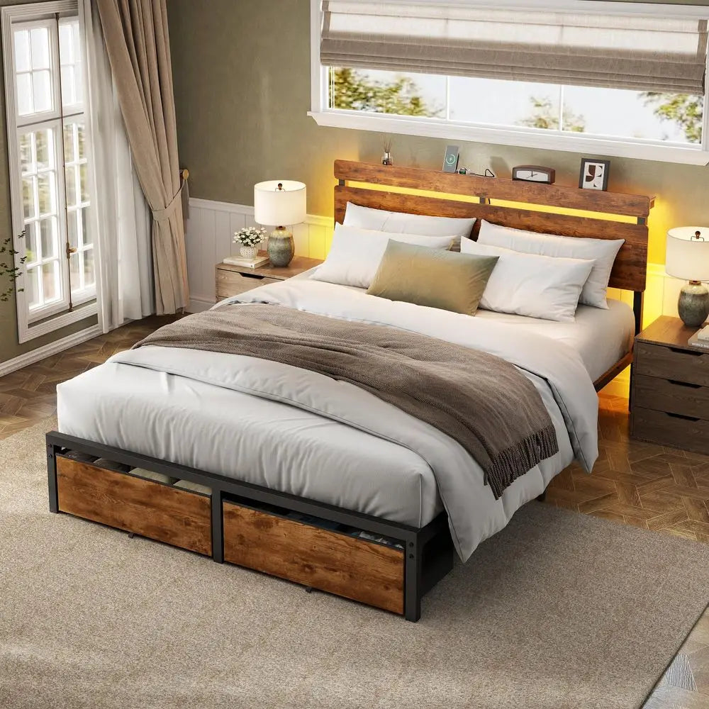 Queen Bed Frame with Wood Headboard,2 Storage Drawers amp Shelf Builtin Charging Station amp LED Lights, Metal Support, No Box
