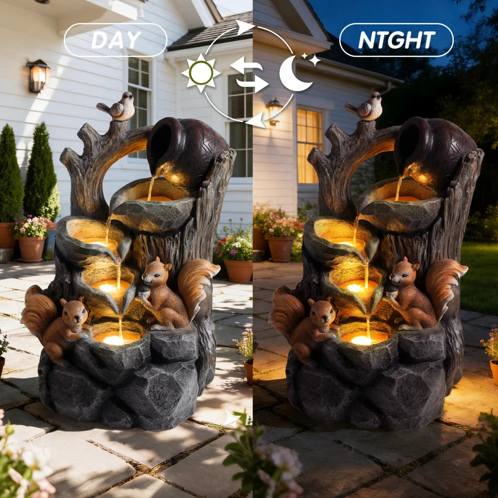 Squirrel Outdoor Water Fountain with Lights Waterfall Garden Decor Resin Tree Stump Pouring Jug for Patio Yard Porch