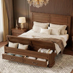 Farmhouse Queen Platform Bed Frame 46" Tall Headboard Solid Wood 2 Storage Drawers LED USB Charging No Box Spring Walnut Custom