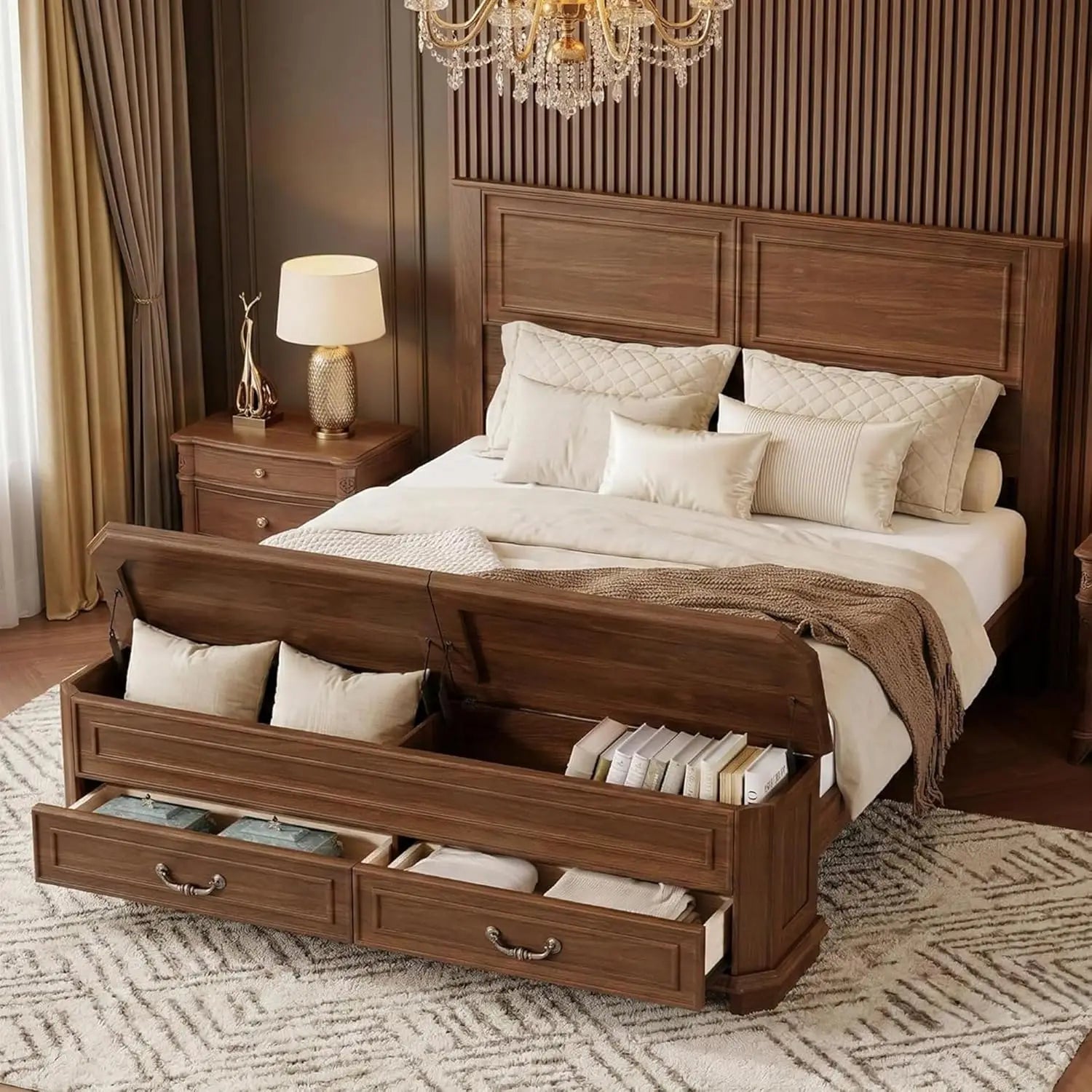 Farmhouse Queen Platform Bed Frame 46" Tall Headboard Solid Wood 2 Storage Drawers LED USB Charging No Box Spring Walnut Custom