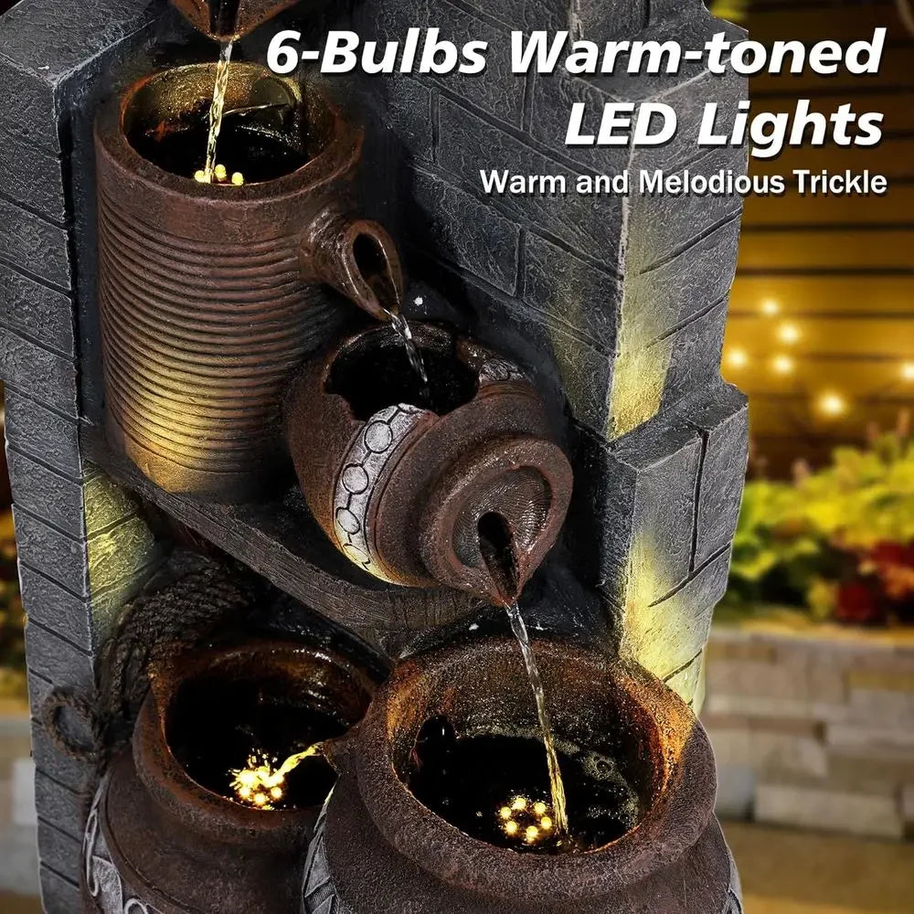 6-Tier Cascading Waterfall Fountain with LED Lights for Gardens, Landscaping, Patios, and Balconies (Gray)