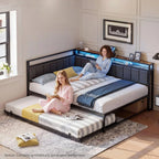 Corner Full Bed Frame with Trundle, Upholstered Storage Headboard & LED Lights, Full Size Daybed with Charging Station,, Custom
