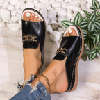 Women'S Chunky Platform Sandals - Slip-On Open-Toe Shoes with Golden-Tone Chain Accent, Non-Slip Wedge Heel, Cushioned Insole -