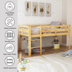 Twin Size Wood Low Loft Bed Frame with Full Length Guardrails