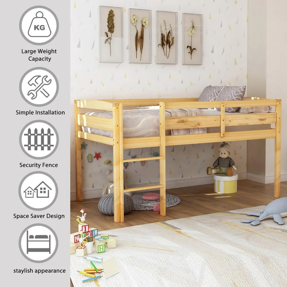 Twin Size Wood Low Loft Bed Frame with Full Length Guardrails