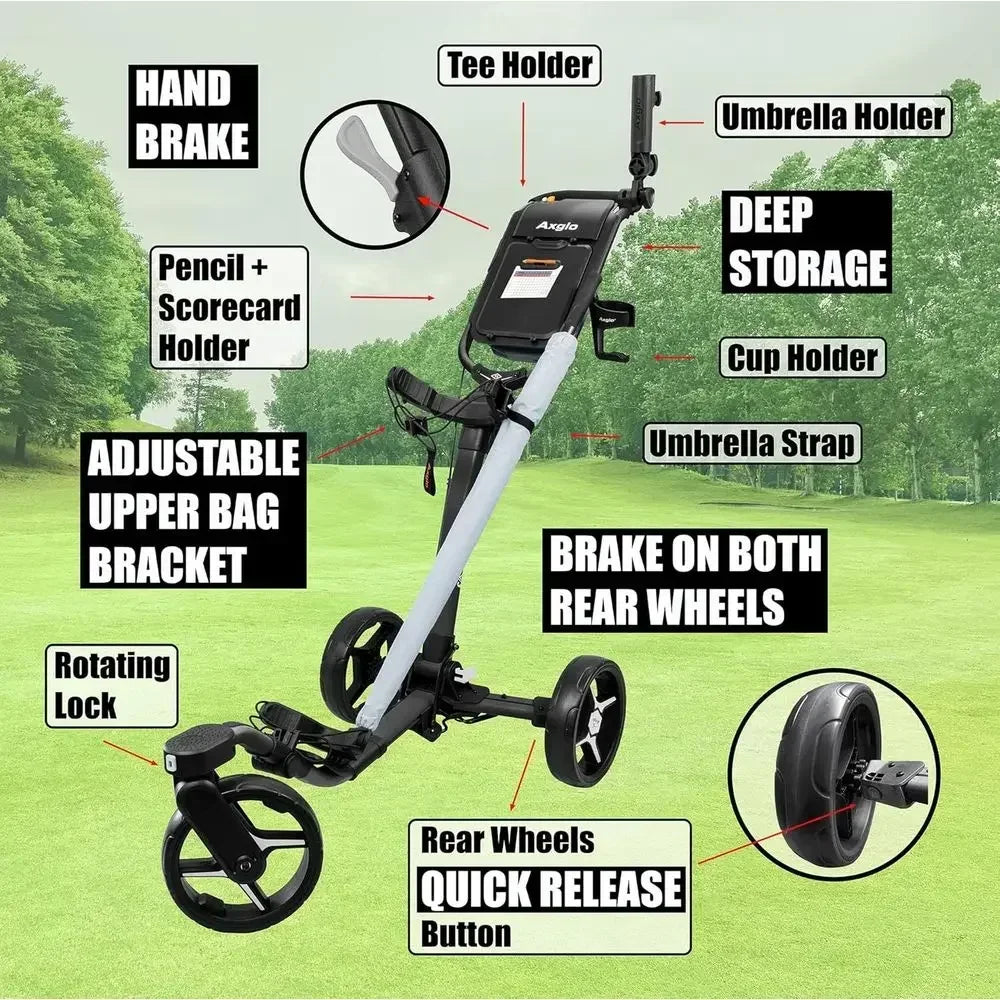 3-Wheel Golf Push Cart with 360° Swivel Front Wheel, Lightweight & Durable, Foldable for Easy Storage, Hand & Dual Brake System,