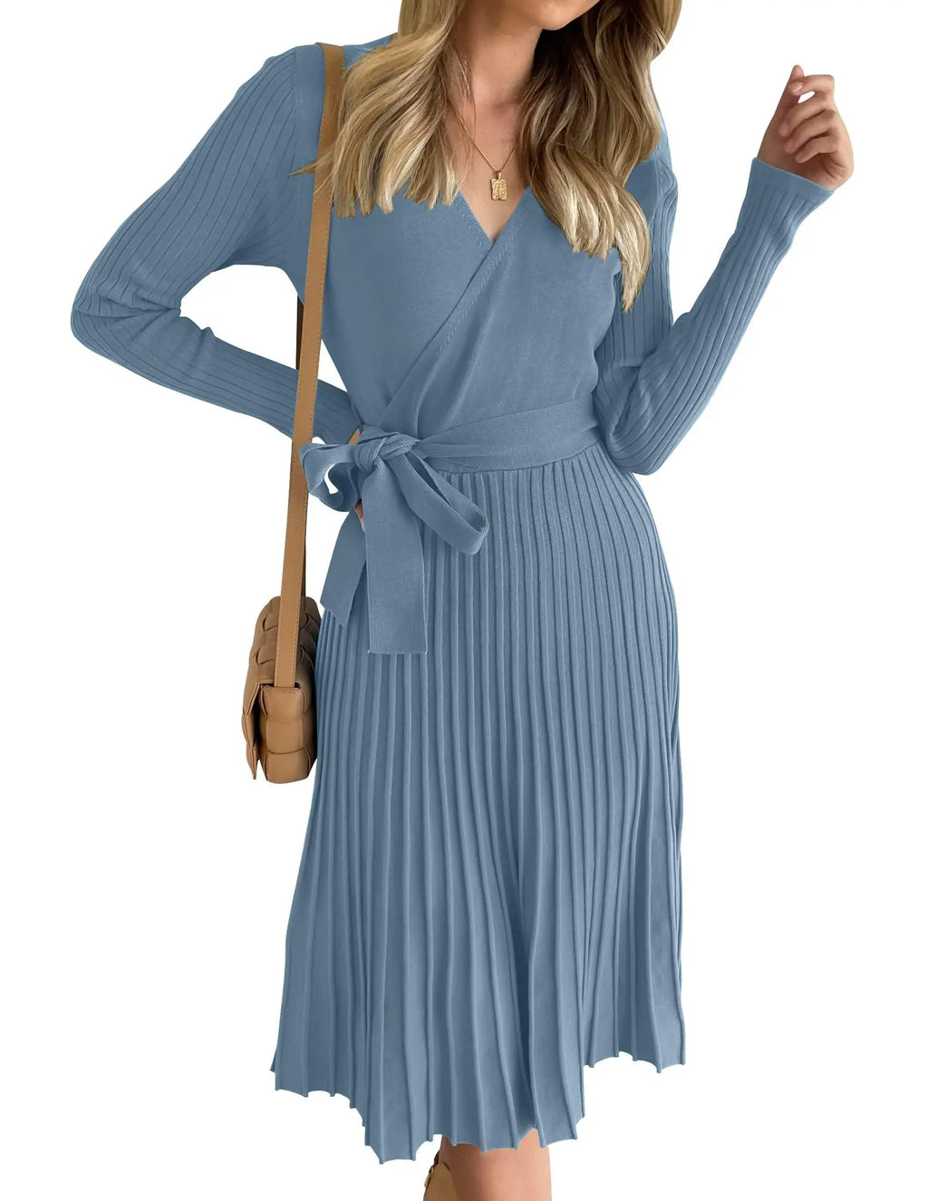 Womens Long Sleeve Wrap V Neck Ribbed Knit Pleated A-Line Sweater Dress With Belt