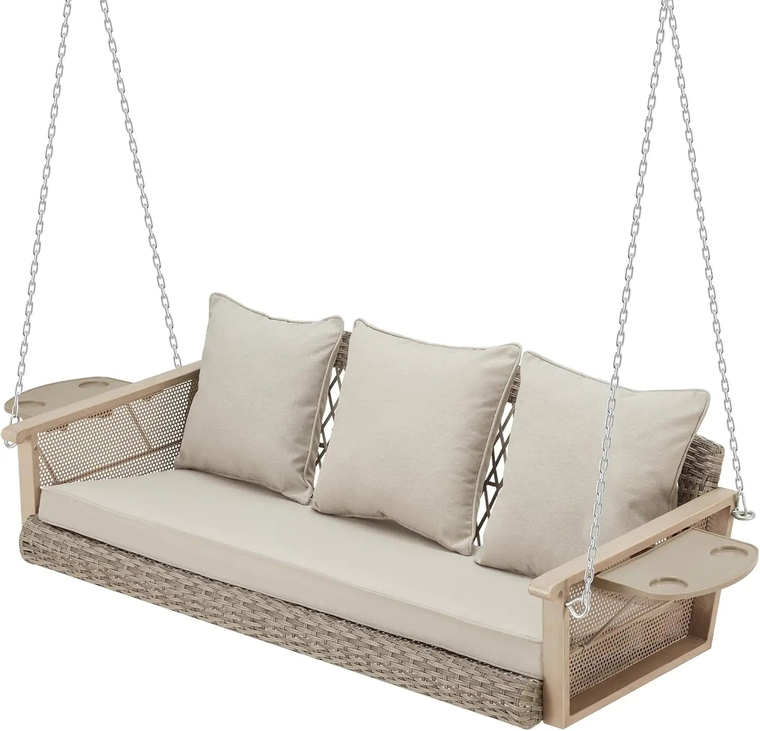 Deck Garden Backyard Porch Swing, 3-Person Wicker, Beige, Upgraded Cup Holder, 900lbs Capacity Chains