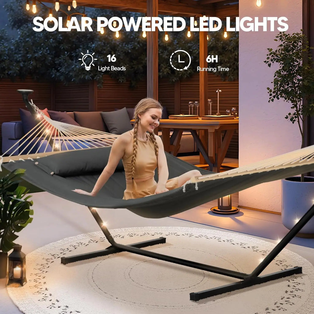 Outdoor Double Hammock with 12 ft Stand and Solar Powered Lights in Dark Gray