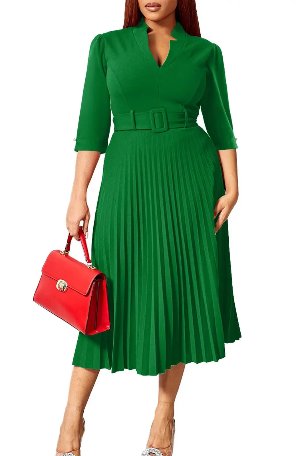 Womens V Neck Business Casual Shirt Dress With 3/4 Sleeves Pleated Midi Skirt And Belt