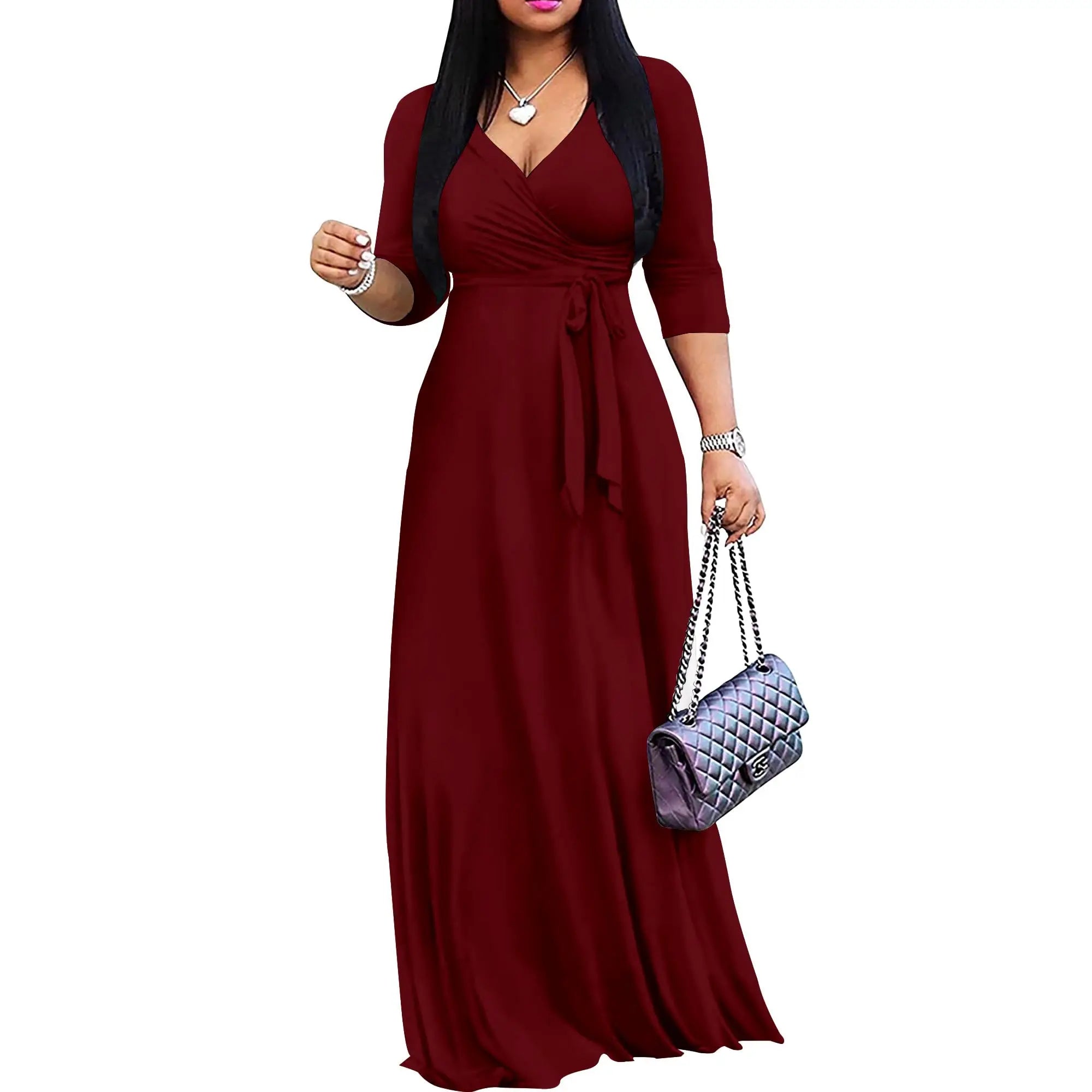 Women Plus Size Long Maxi Wrap Dress V Neck 3 4 Sleeve Summer