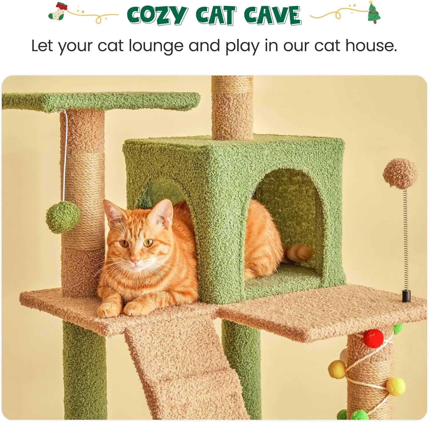Indoor Cat Tree - 63.8 Inches, Green, Sisal-Covered, with Padded Platform, Hammock and Dangling Toys
