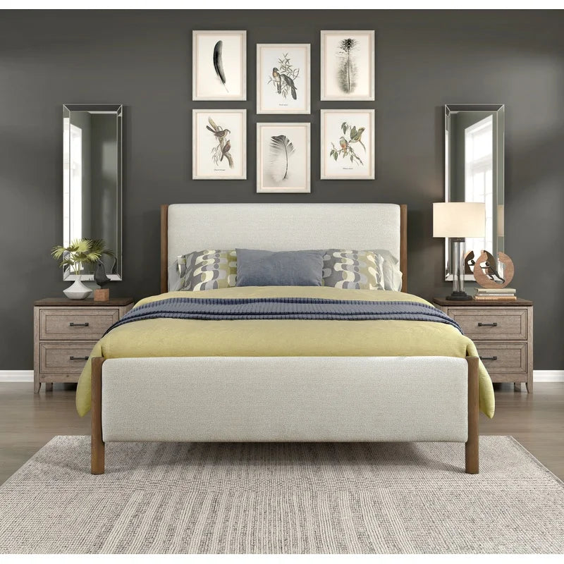 Queen Platform Bed, Soft Beige Chenille Upholstered, Solid Wood Frame, Modern Contemporary Design