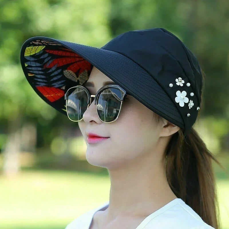 Sun hat, summer sun protection, fashionable, women, summer vacation, wide-brimmed foldable UV protection beach sun hat, open-top top hat, Korean style
