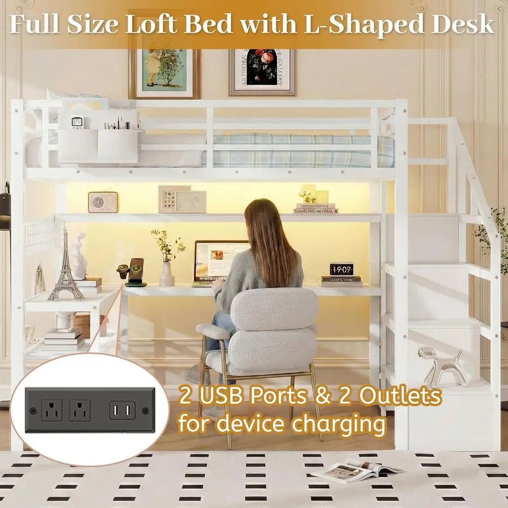 White Loft Bed with Stairs, Desk, Storage, Charging Station, LED Lights - Space-Saving for Kids, Teens, Adults