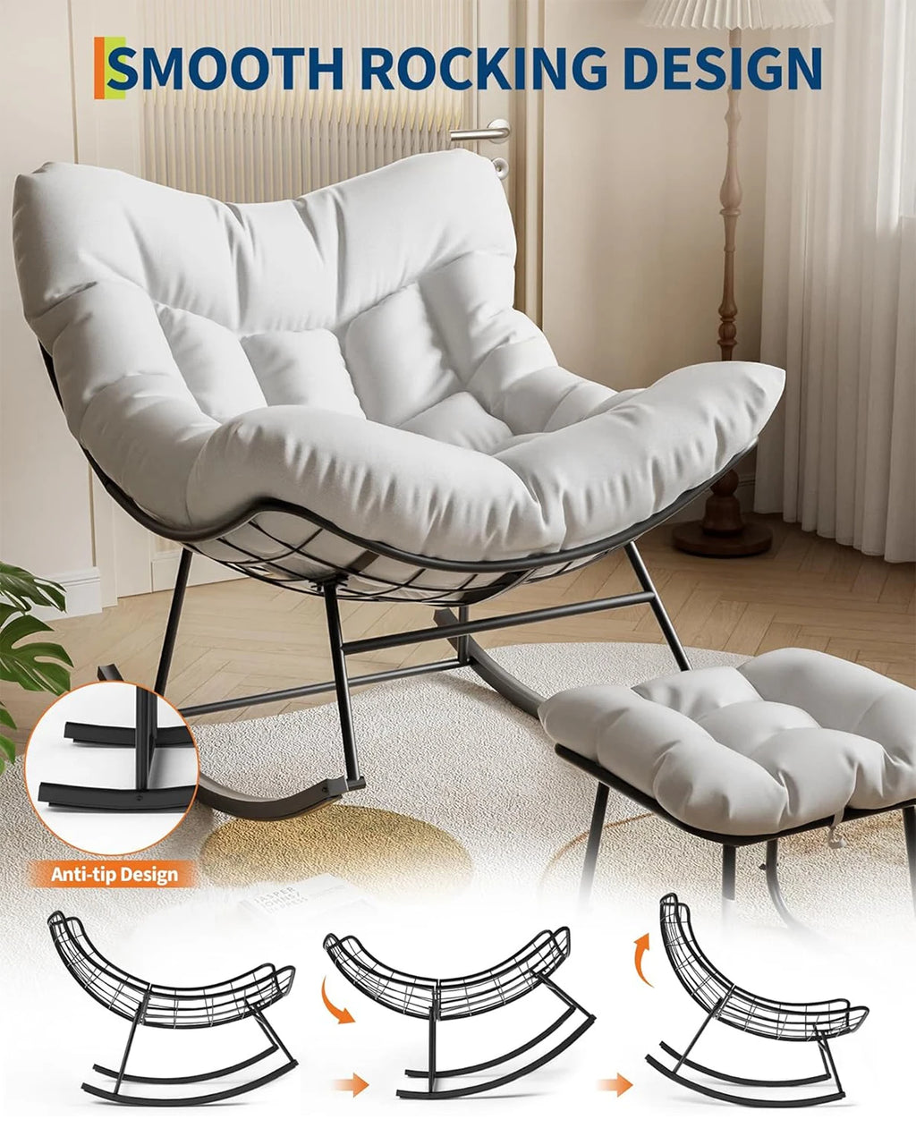 Oversized Papasan Rocking Chair With Footrest, Indoor Outdoor Egg Lounge Rocker, 350LBS Metal Frame For Patio Porch Living Room