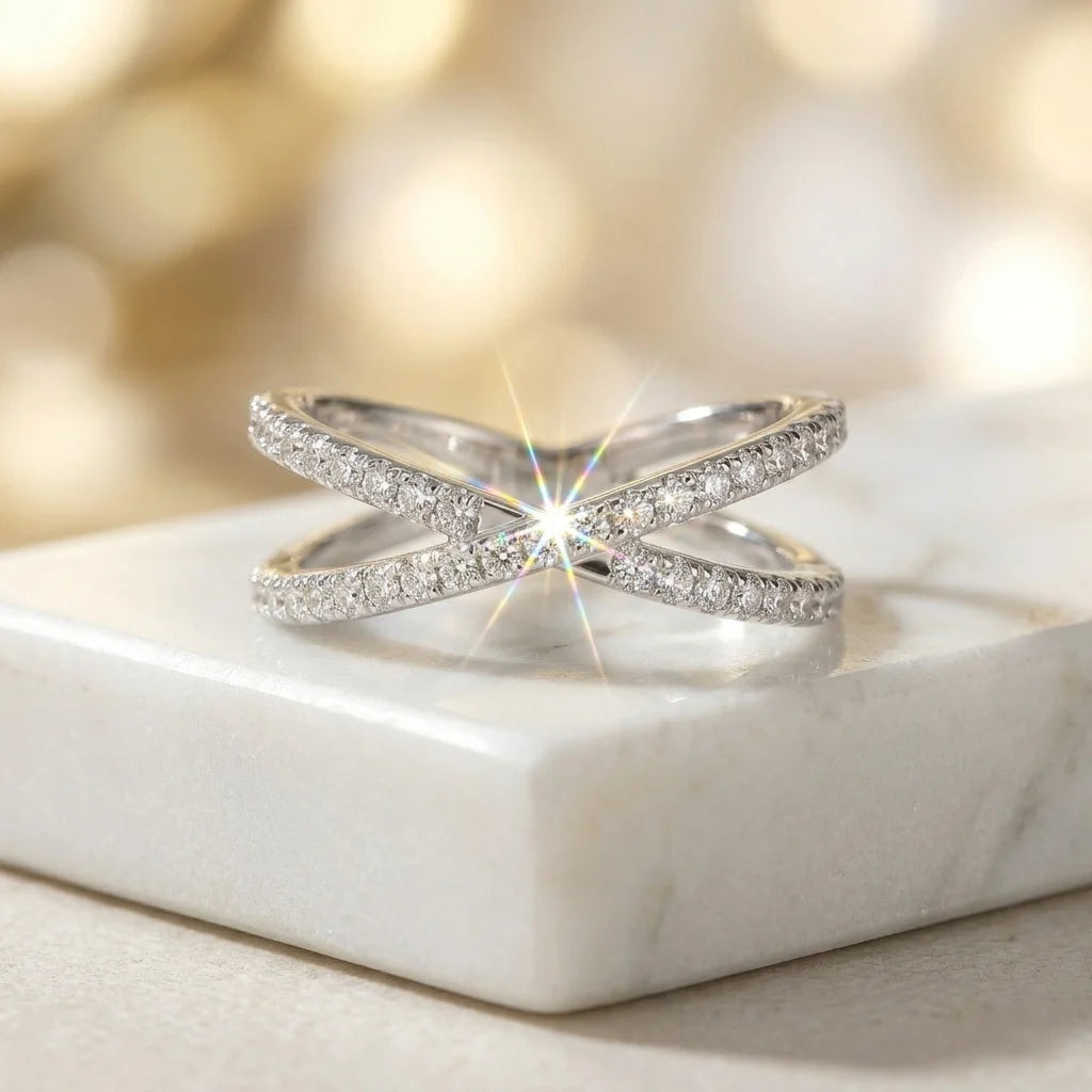 Moissanite Ring, 925 Sterling Silver, D Color VVS1, X-Shape Crossover Design, Unisex Stackable, Couple Ring, With Certificate