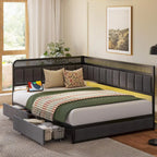 Full Corner Bed Frame with Storage Drawers and Charging Station, Modern Full Daybed with LED Lights and Upholstered Guardrail,