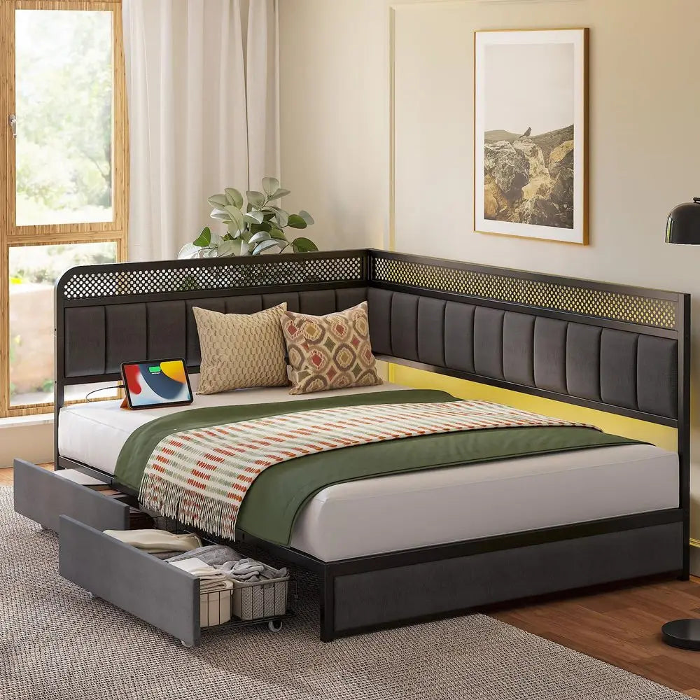 Full Corner Bed Frame with Storage Drawers and Charging Station, Modern Full Daybed with LED Lights and Upholstered Guardrail,