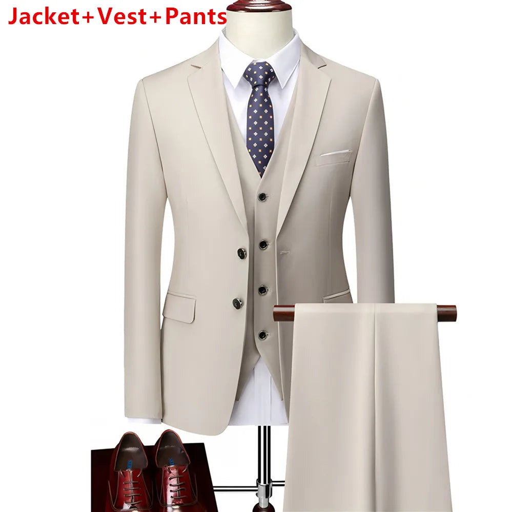 Men Lapel Black Collar 3 Pcs Suit Set Coat Vest Trousers / Business Groom Wedding Dress Fprmal Blazer Pants Waistcoat