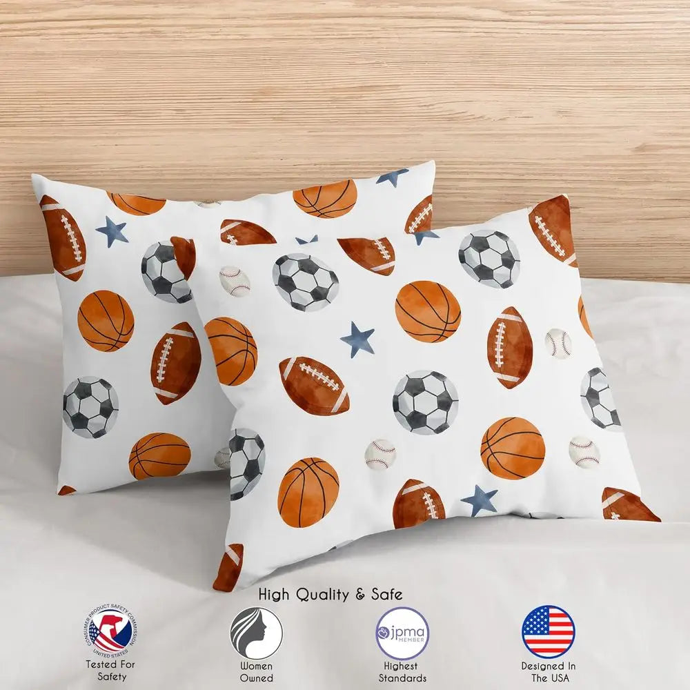 Full Size Sports Themed Bedding Set for Kids & Adults - 3 Piece Watercolor Soccer, Football, Basketball with Blue Stars