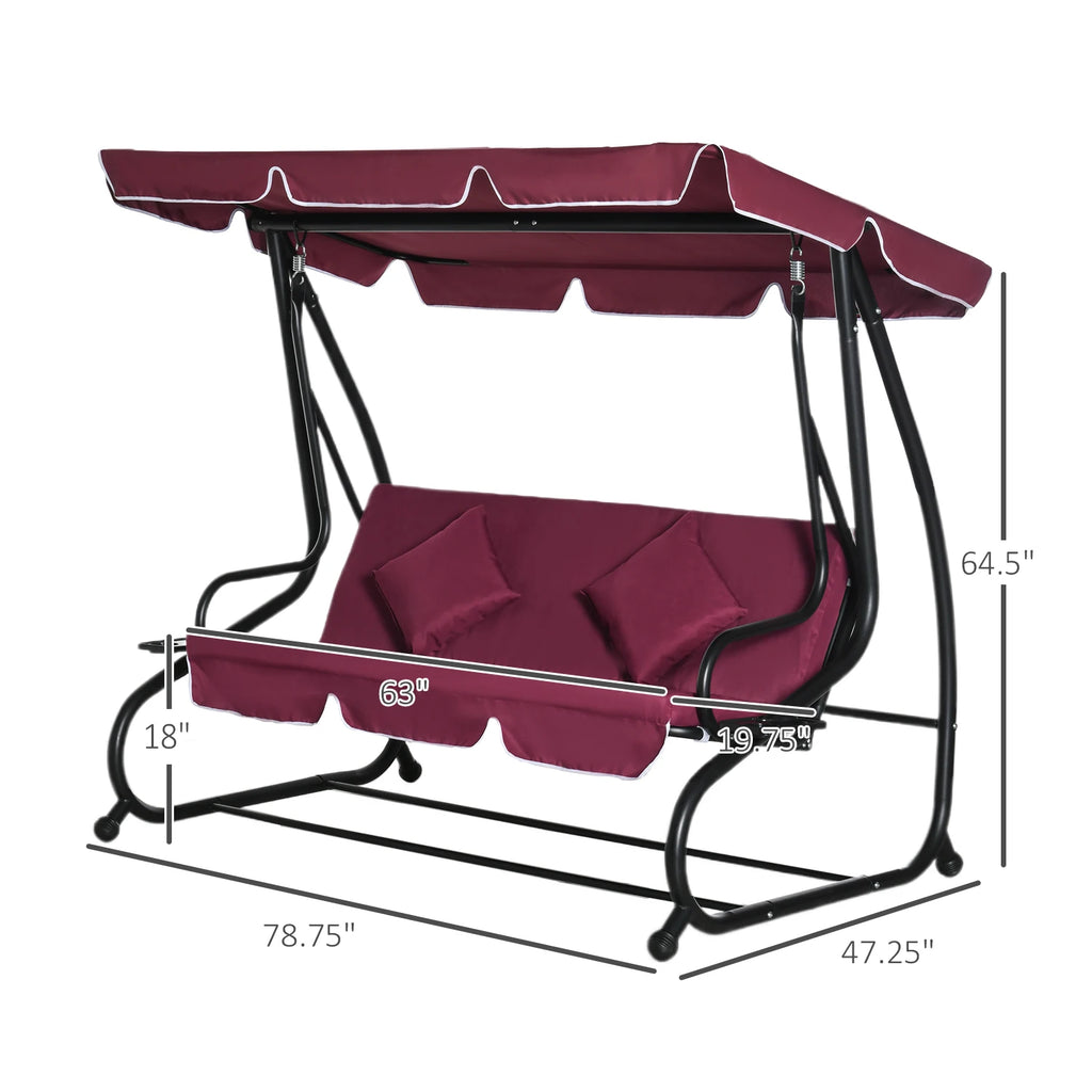 Outdoor 3-Person Patio Porch Swing Hammock Bench with Adjustable Canopy, Red