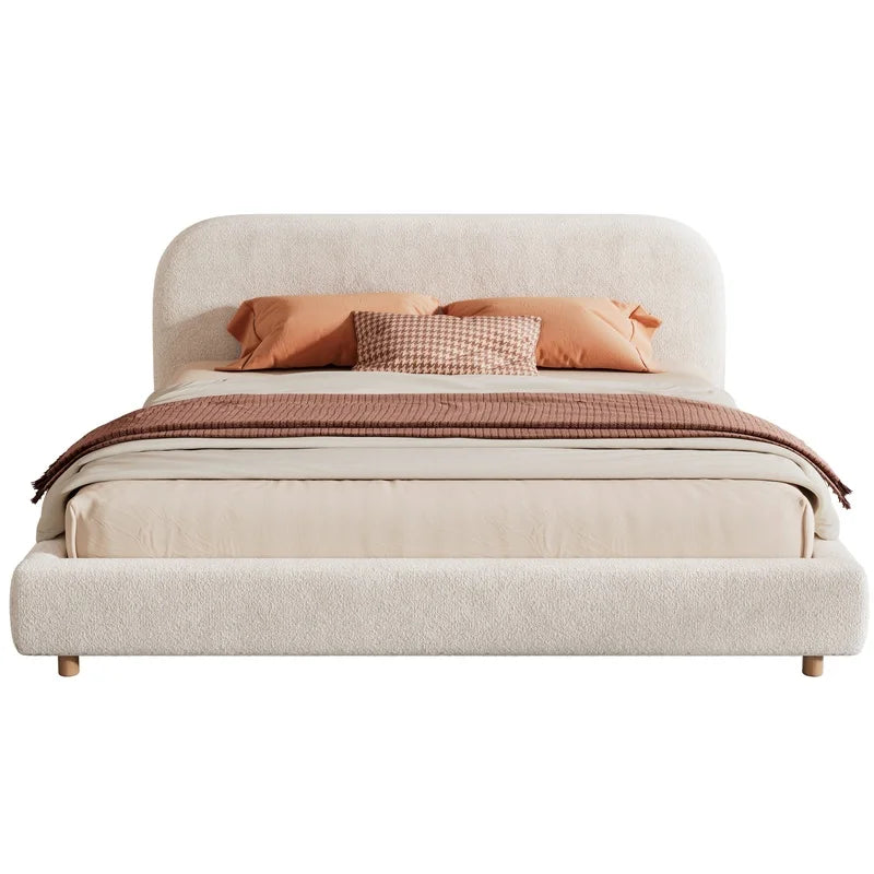 White King Size Upholstered Bed with Curved Headboard and Solid Wood Legs