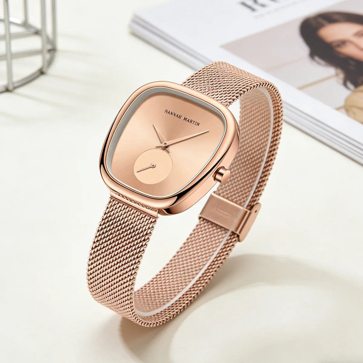 US Local Shipping Women's Watch Oval Rose Gold Case 34mm White Minimalist Dial Original Clock Quartz Movement, Creative Sub Dial, Stainless Steel Mesh Belt, Daily Matching, Work Commuting, Women Jewelry Watch