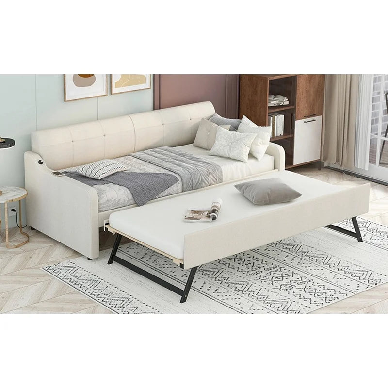 Beige Upholstered Daybed with Convertible Trundle and USB Charging Port