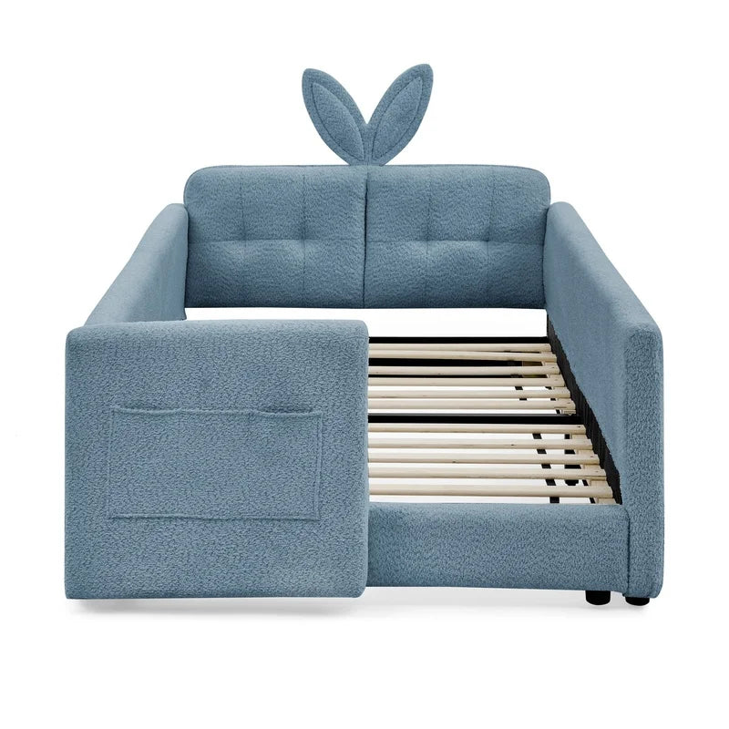 Twin Upholstered Platform Bed with Rabbit-Ear Headboard, Safety Rail, Pocket Storage, Boucle Fabric