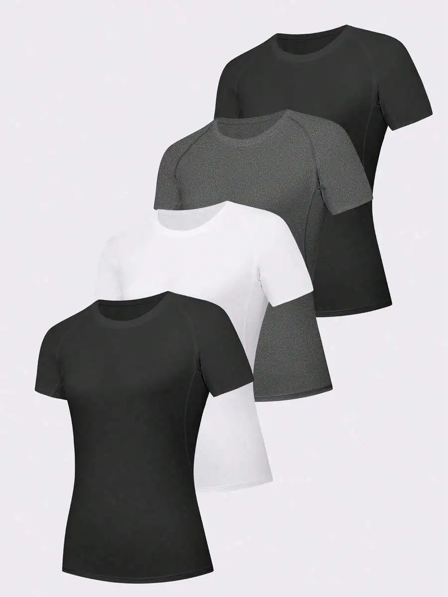 Women's 4Pcs Crew Neck Short Sleeve Tees Set: Tight Fit Casual Workout Tops for Summer & Autumn, Multi-Color