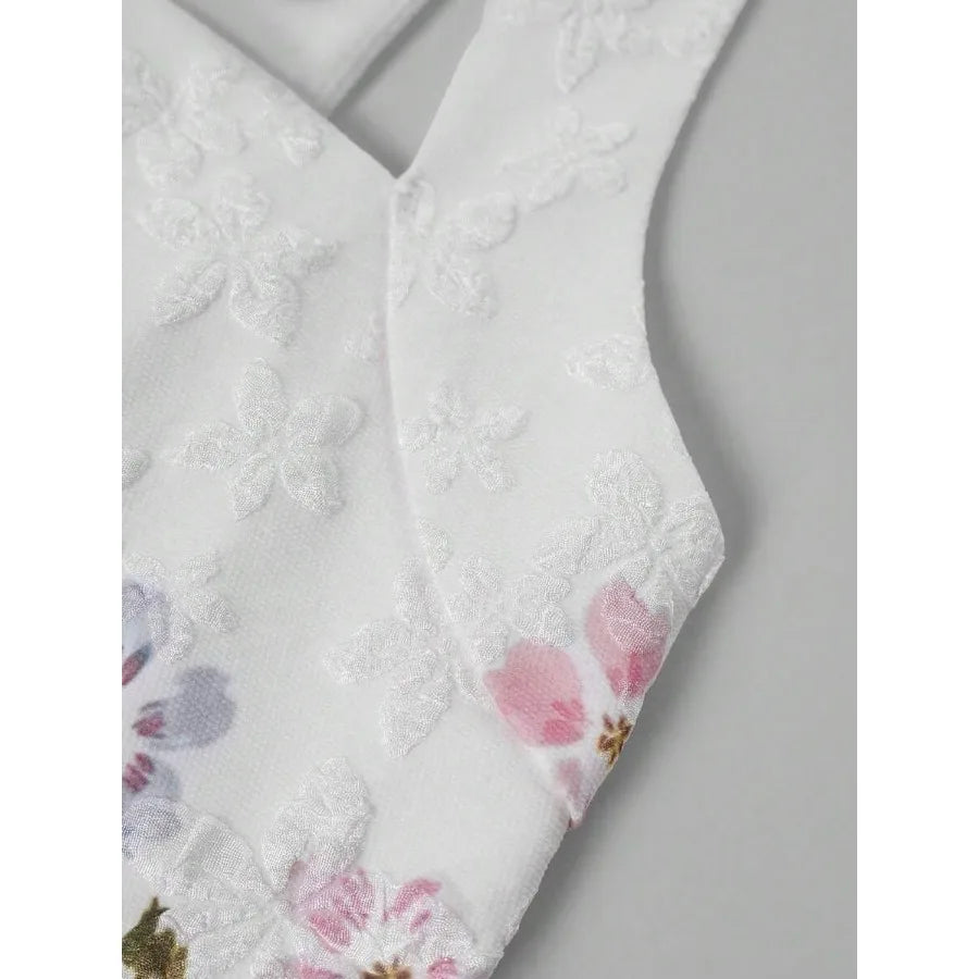Women's White Floral Ruffle Hem Midi Dress, Square Neck Sleeveless Dress, Sweet Romantic Summer Holiday Dress