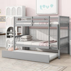 Grey Twin Over Twin Bunk Bed with Trundle, Convertible to Two Twin Beds, Includes Ladder and Guardrails