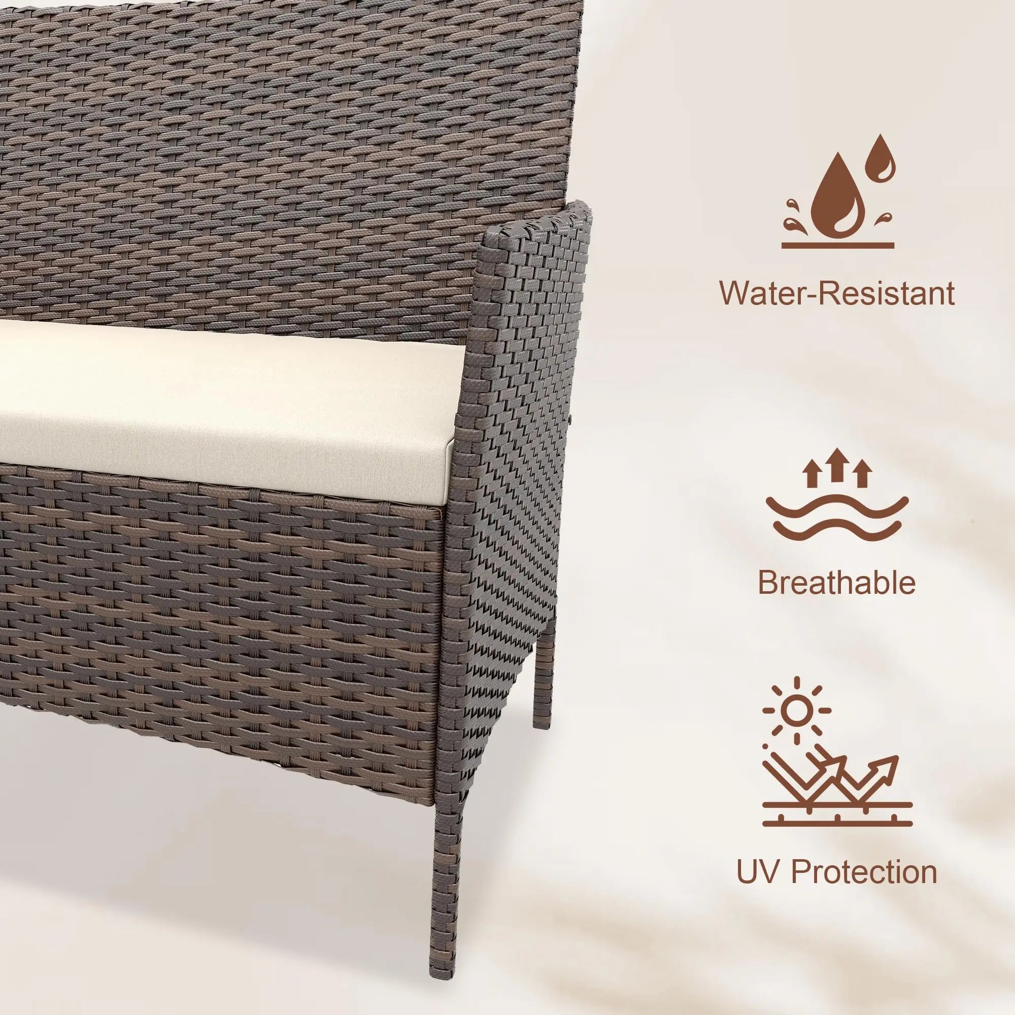 4 Piece Patio Furniture Set, Outdoor Rattan Bistro Set With Cushioned Sofa, 2 Chairs, Glass Table For Porch Backyard