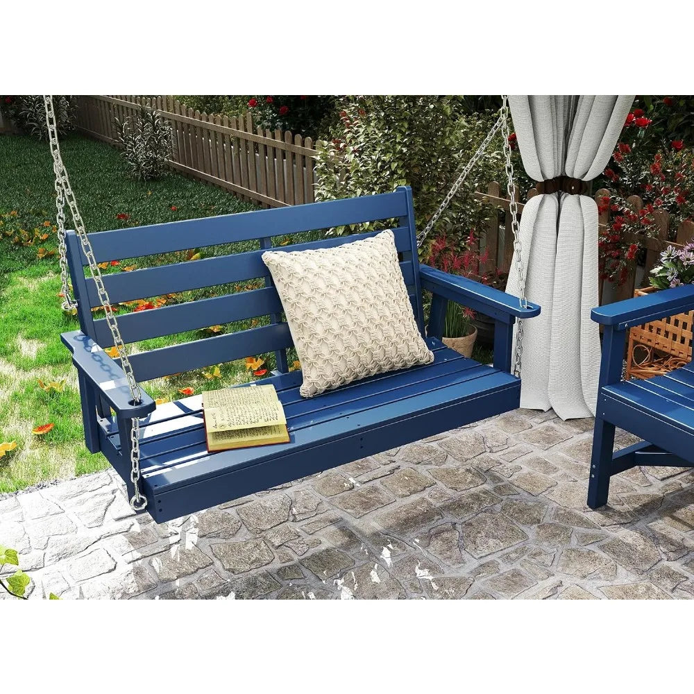 Extra Wide 2-Person Porch Swing, Blue, Durable HDPE, Stainless Steel Chains, Weather-Resistant, Ideal for Garden and Deck