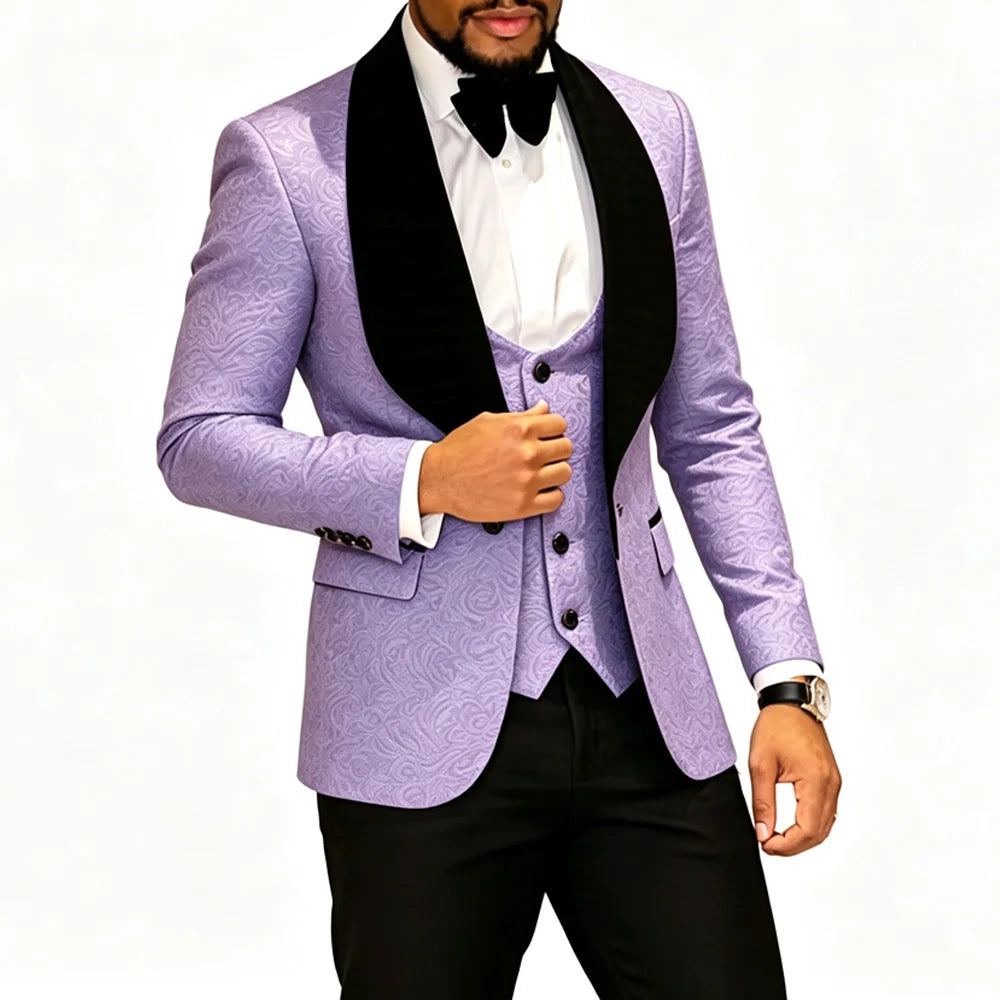Mens 3 Piece Floral Tuxedo, Jacquard Slim Suit Set, Paisley Blazer Vest And Pants For Prom Wedding