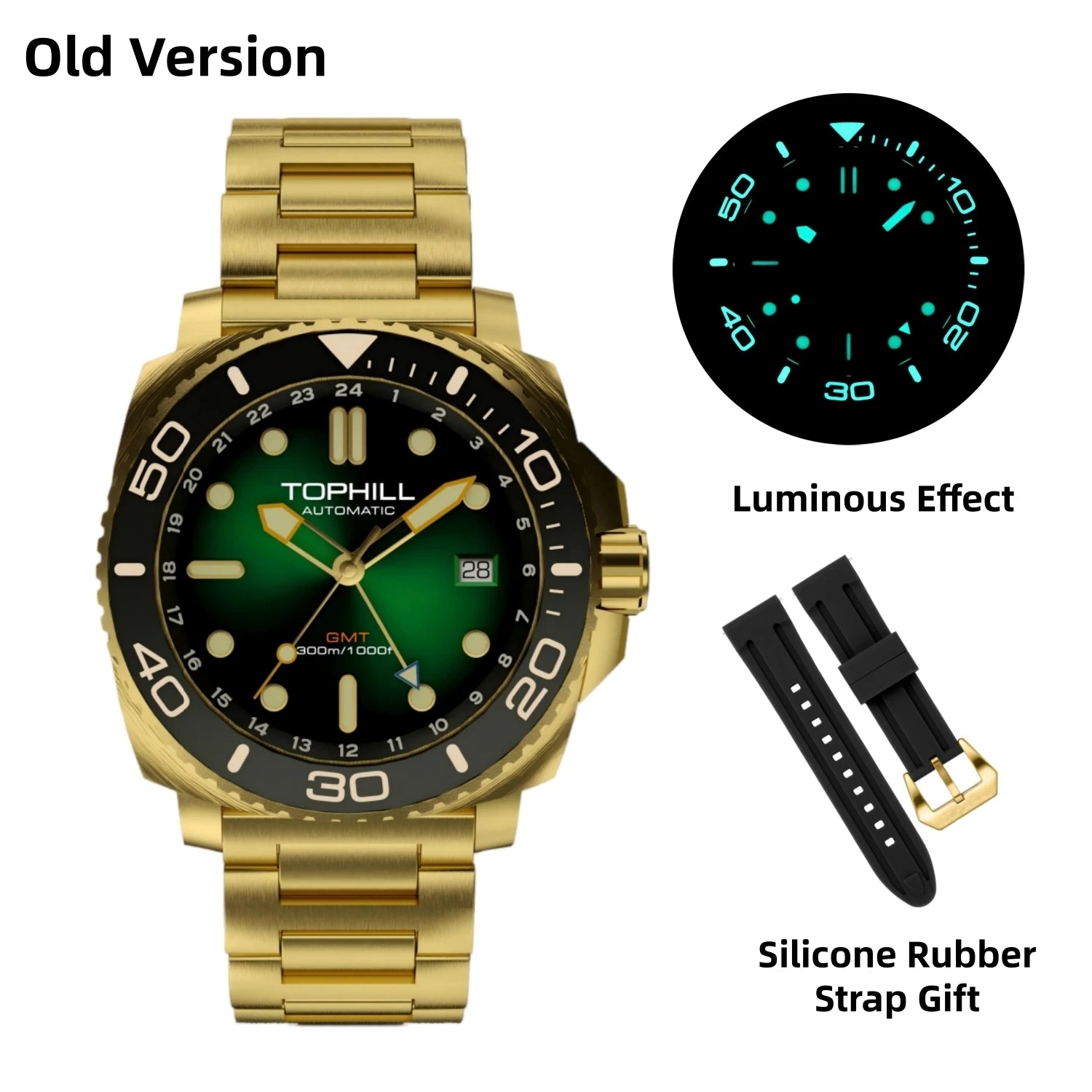 TOPHILL 43mm Men's Diving Watch NH34 GMT Automatic BGW9 C3 Luminous Quick Adjust Bracelet 300M Waterproof Sapphire Luxury TD012G