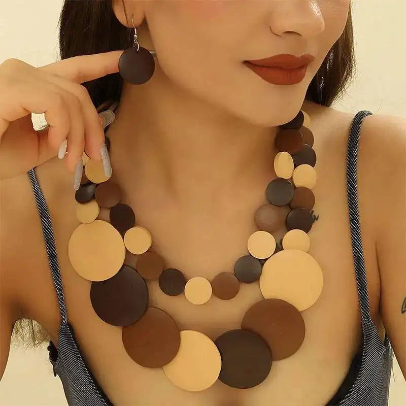 Africa Nigeria Jewelry Set Boho Double-layer Colored Geometric Round Wooden Beads Necklace Earrings For Women Trend 2025
