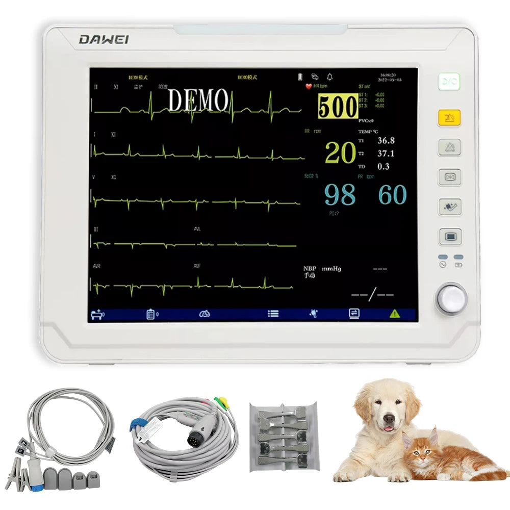 Portable Veterinary Monitor 6 Parameter, 12.1" LCD Big Screen Vet Patient for Pet Dogs Cats Animal Clinic