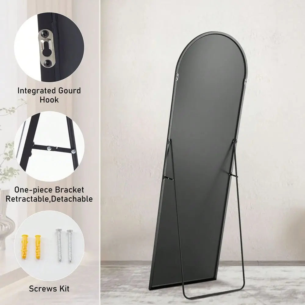 Black Aluminum Alloy Thin Frame Mirror, 64X21 Inch Arched Full Length Mirror with Stand for Bedroom and Living Room