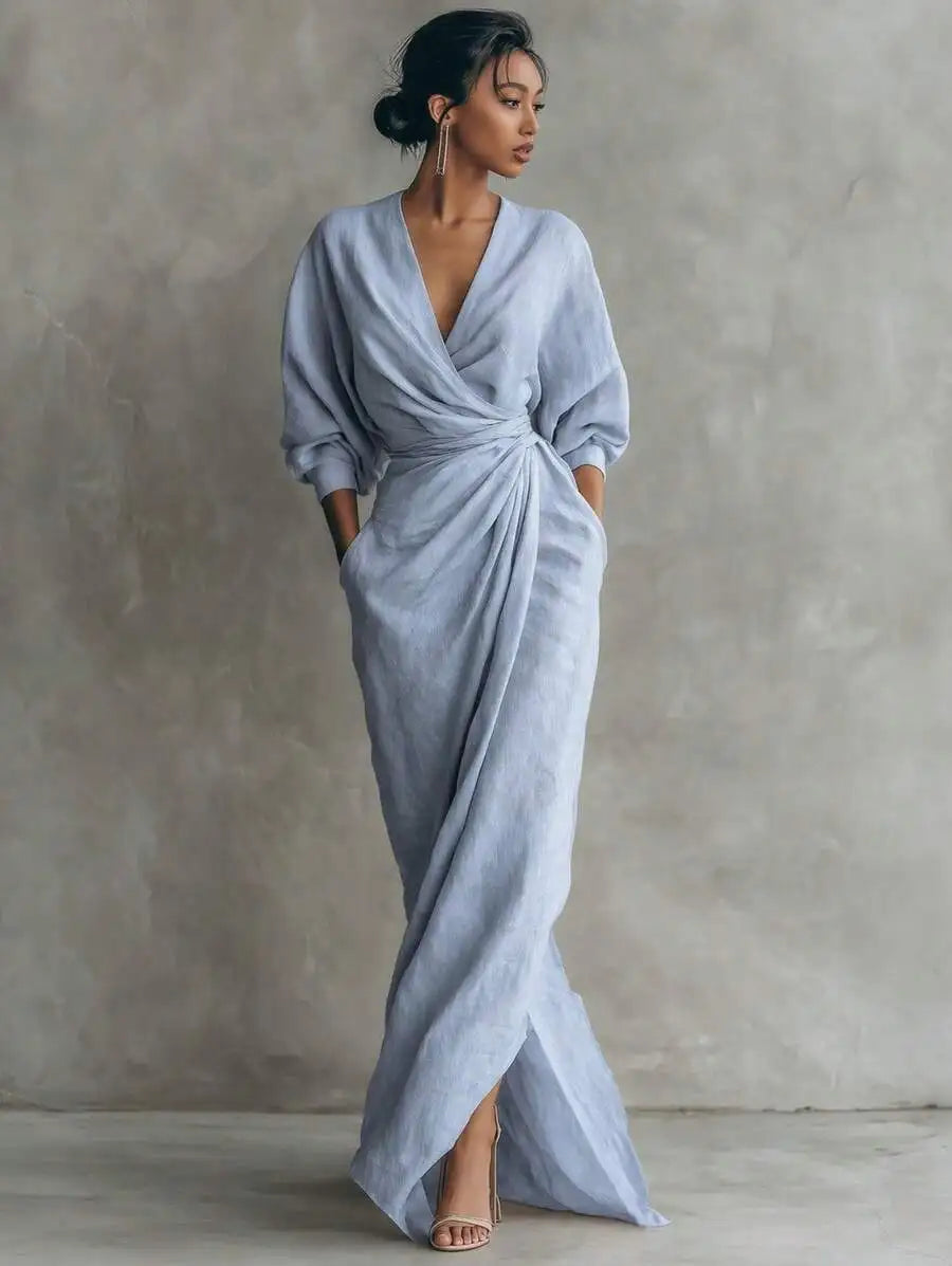 Elegant Solid Color V Neck Long Sleeve Wrap Midi Dress With Side Slit For Women