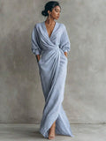 Elegant Solid Color V Neck Long Sleeve Wrap Midi Dress With Side Slit For Women