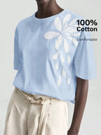 White Embroidered Floral Tee Short Sleeve Crew Neck Loose Comfortable Cotton T-Shirt