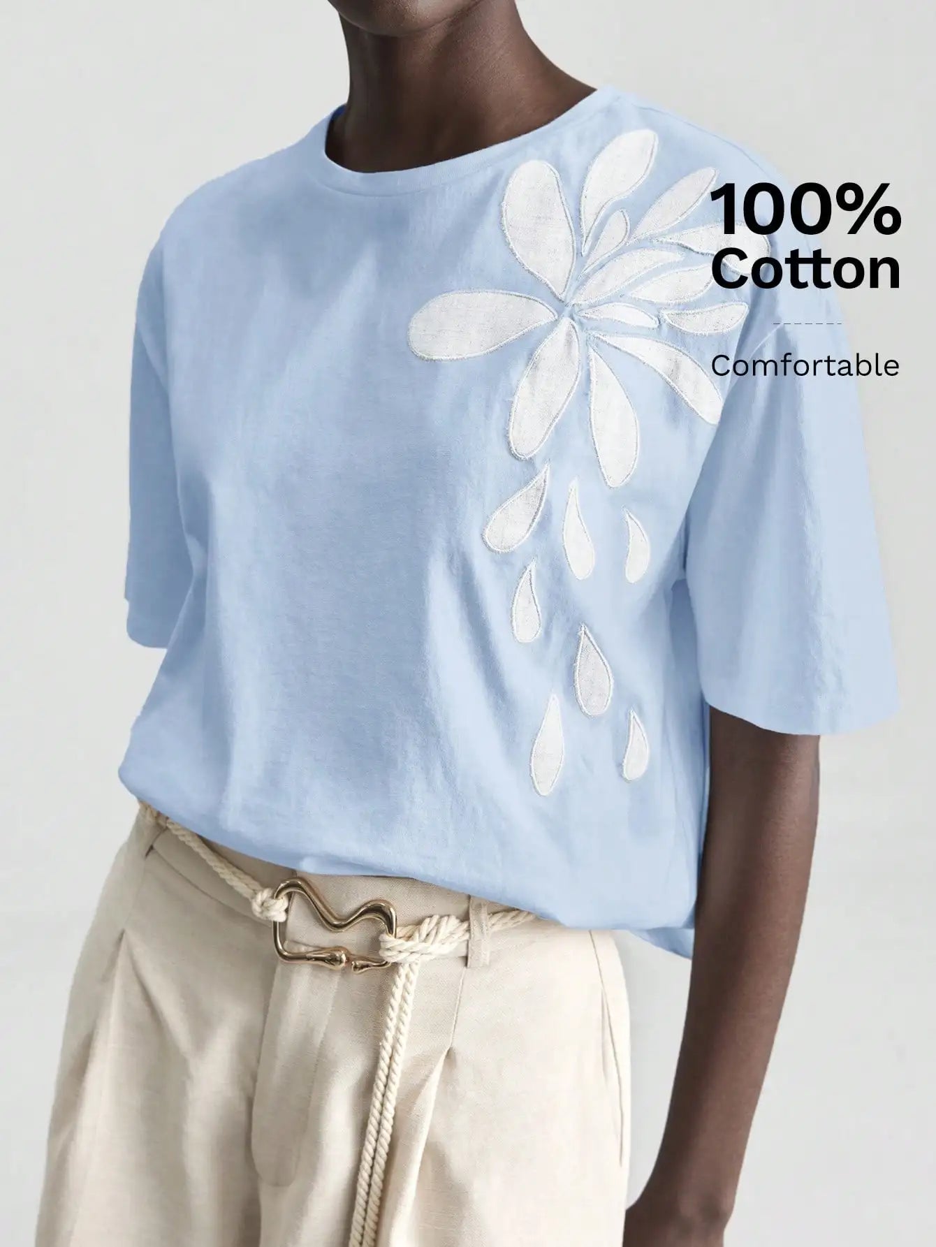White Embroidered Floral Tee Short Sleeve Crew Neck Loose Comfortable Cotton T-Shirt