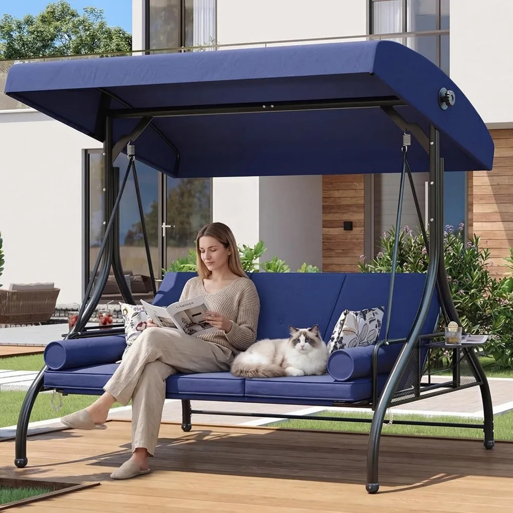 3-Seat Convertible Swing Bed with Cushions, Suitable for Outdoor Spaces, Blue
